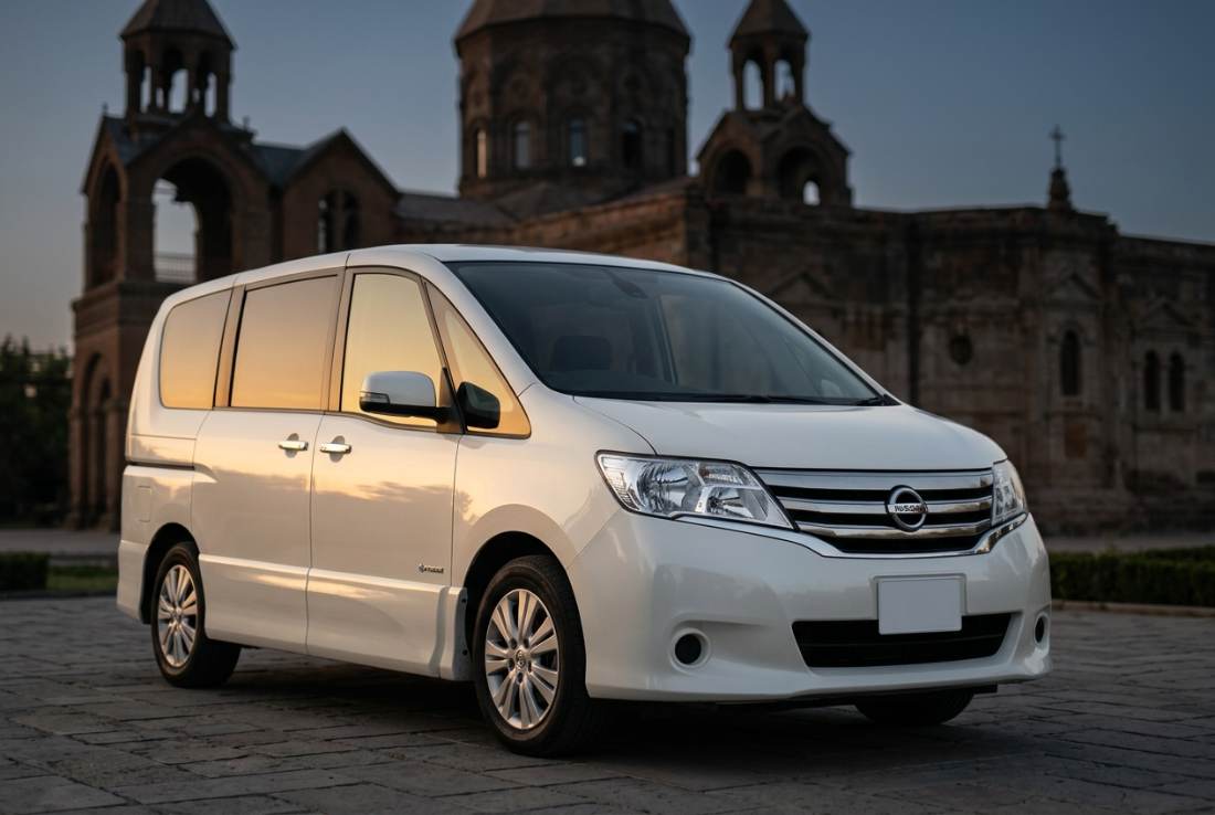 Nissan Serena hybrid minivan, three-quarter front, daylight