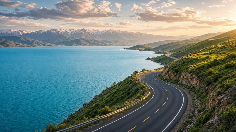 Hero — the Sevan shore road at golden hour