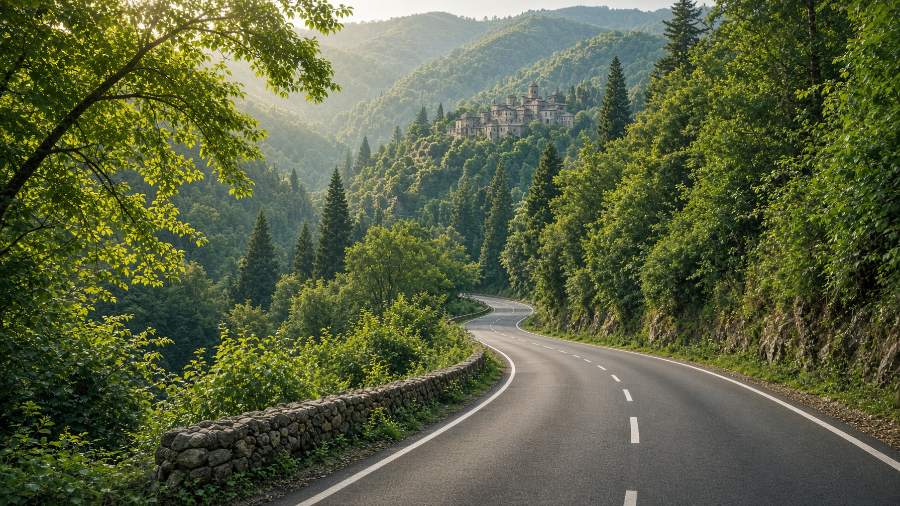 A forest road near Dilijan in green light